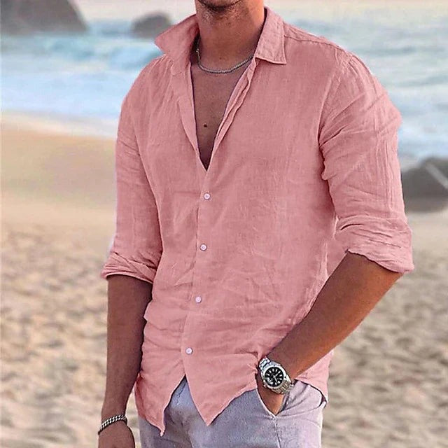 Men's Linen Long-Sleeve Shirt with Point Collar
