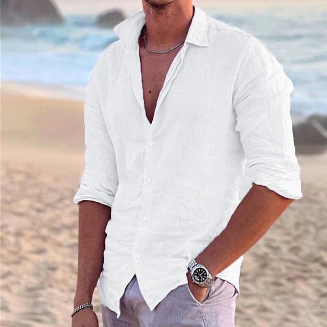 Men's Linen Long-Sleeve Shirt with Point Collar