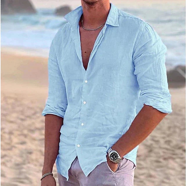 Men's Linen Long-Sleeve Shirt with Point Collar