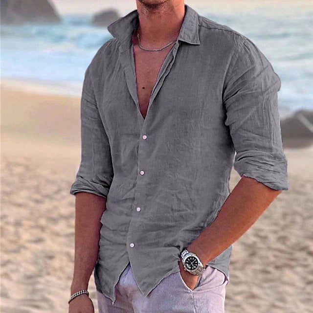 Men's Linen Long-Sleeve Shirt with Point Collar