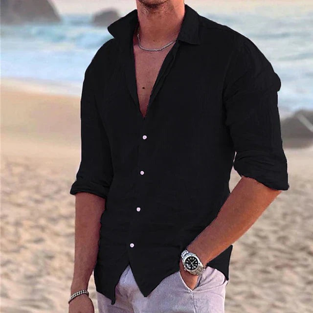 Men's Linen Long-Sleeve Shirt with Point Collar