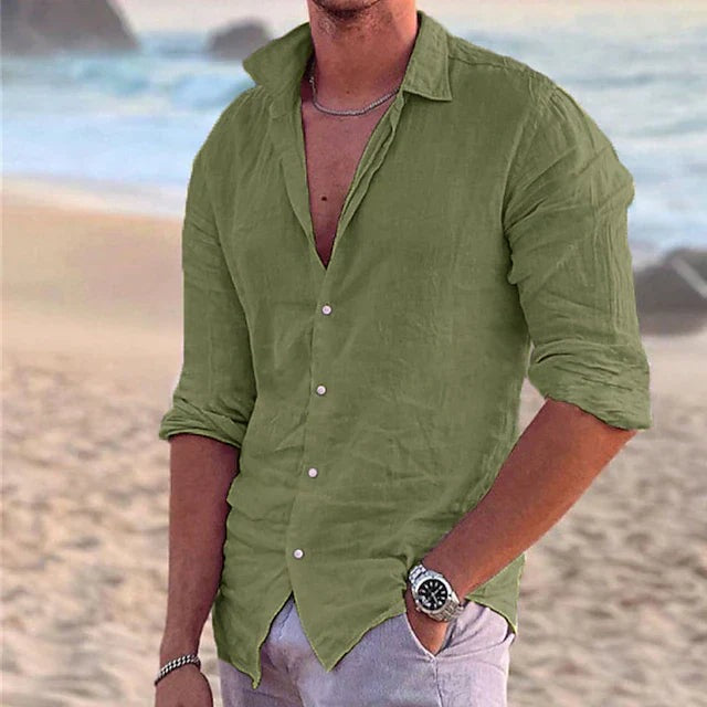 Men's Linen Long-Sleeve Shirt with Point Collar