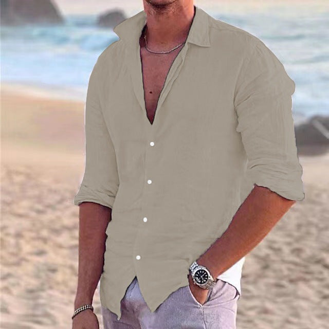 Men's Linen Long-Sleeve Shirt with Point Collar