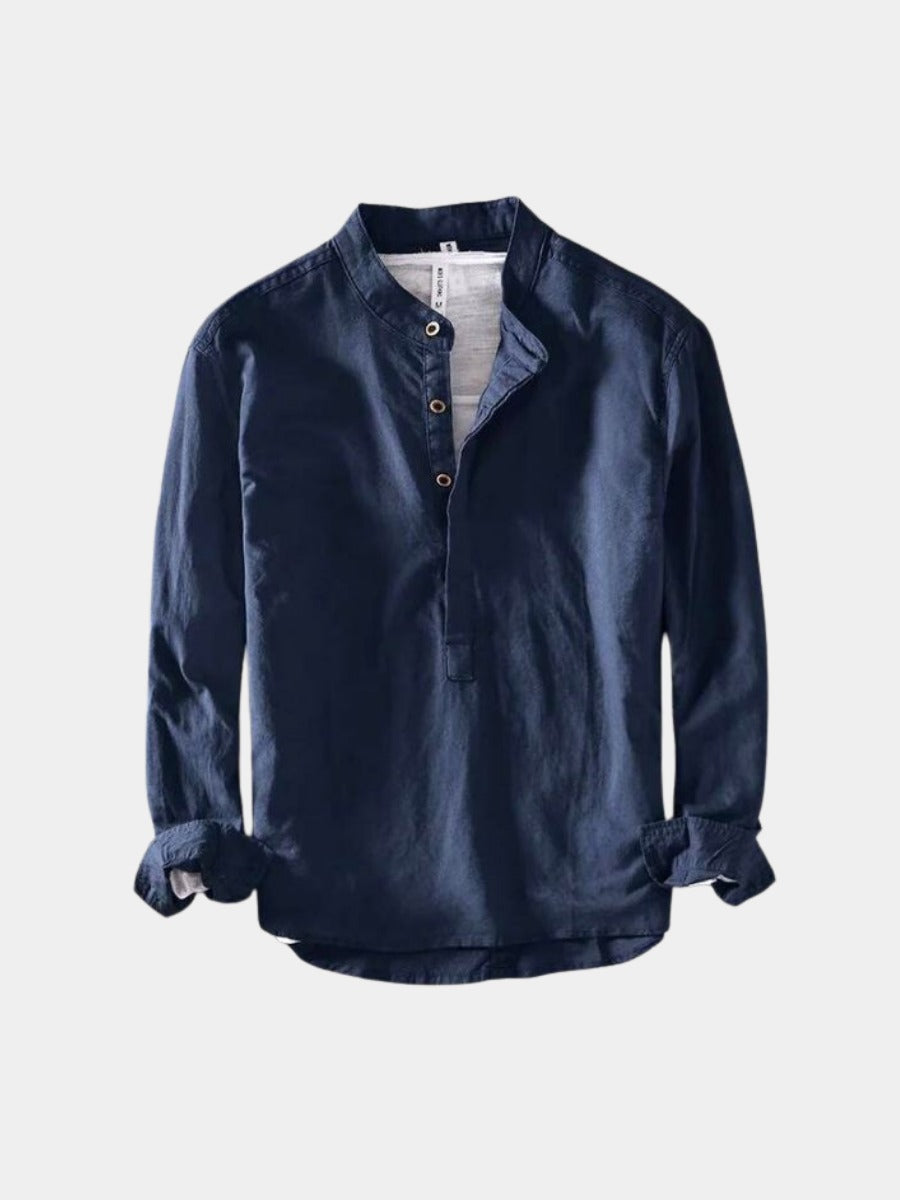 Men's Linen Oversized Shirt with Mandarin Collar and Long Sleeves