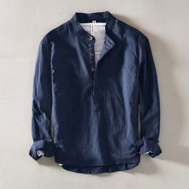 Men's Linen Oversized Shirt with Mandarin Collar and Long Sleeves
