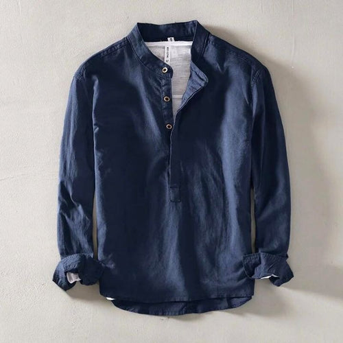 Men's Linen Oversized Shirt with Mandarin Collar and Long Sleeves