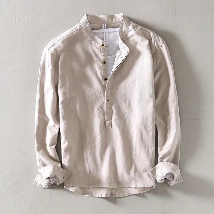 Men's Linen Oversized Shirt with Mandarin Collar and Long Sleeves
