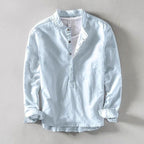 Men's Linen Oversized Shirt with Mandarin Collar and Long Sleeves