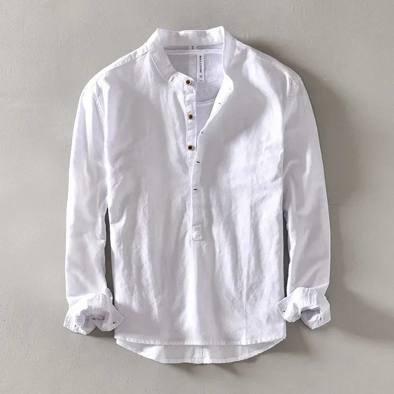 Men's Linen Oversized Shirt with Mandarin Collar and Long Sleeves