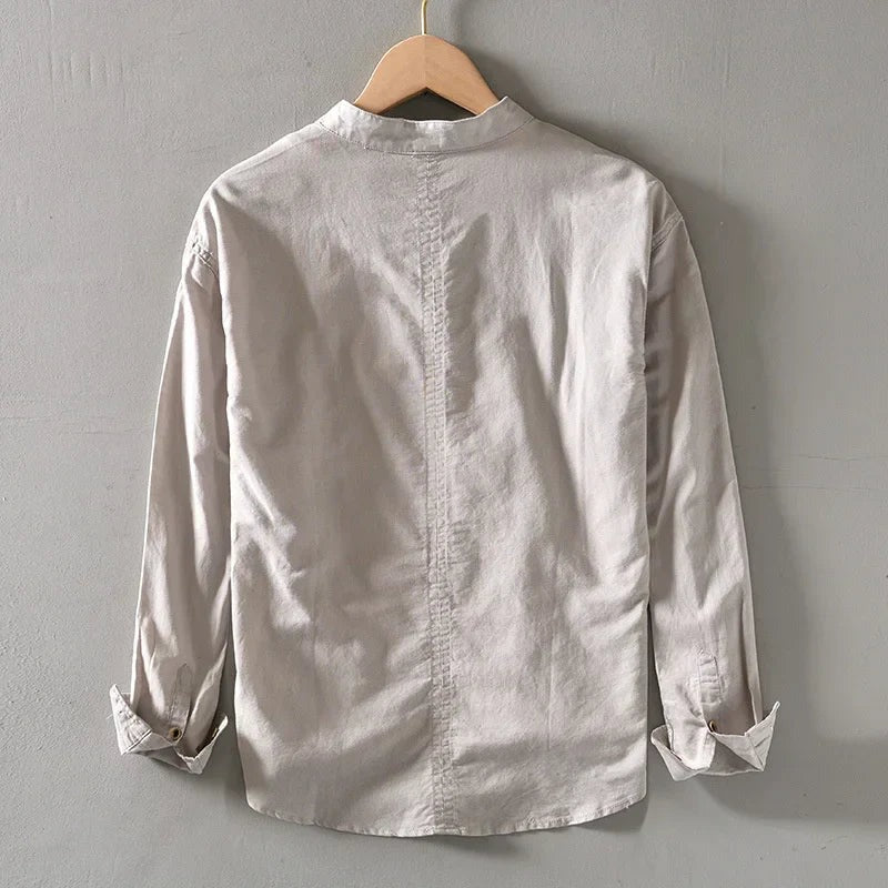 Men's Linen Oversized Shirt with Mandarin Collar and Long Sleeves