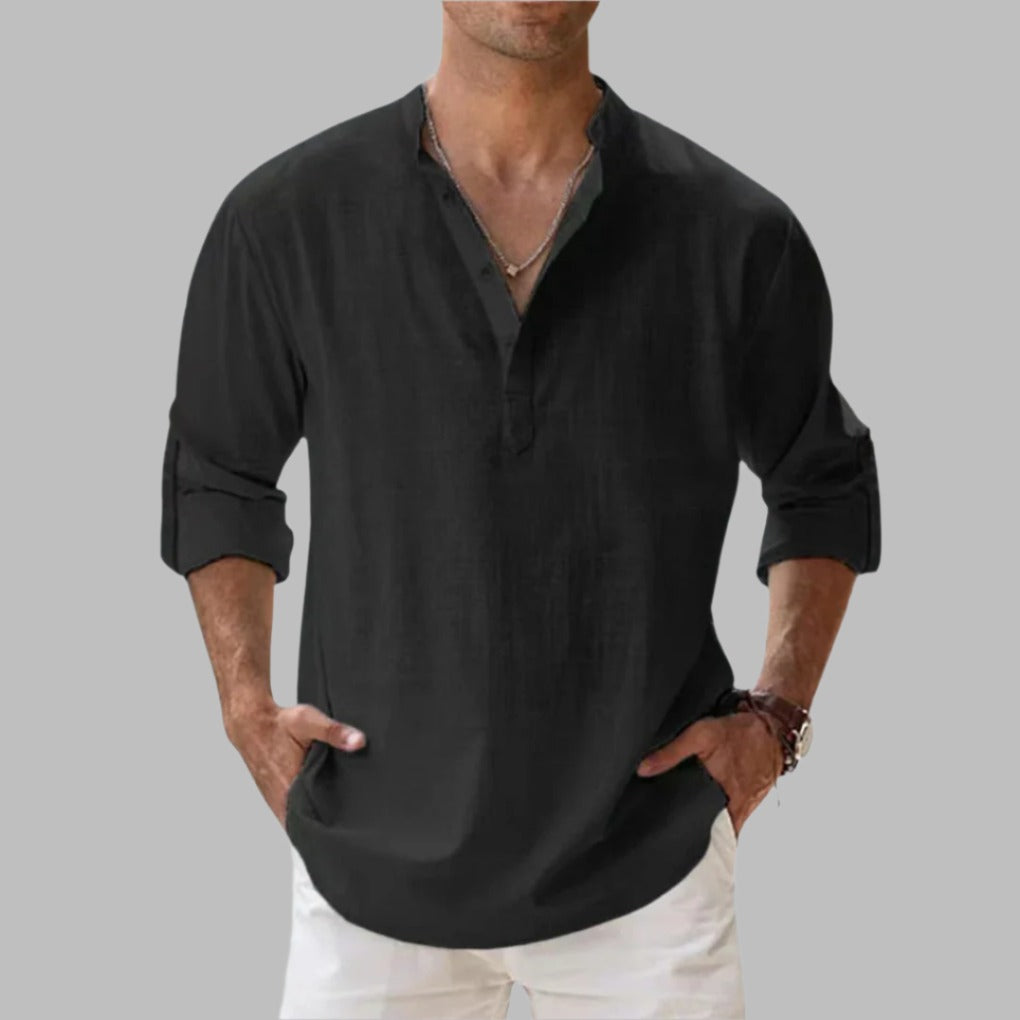 Men's Linen Oversized Shirt with Stand Collar
