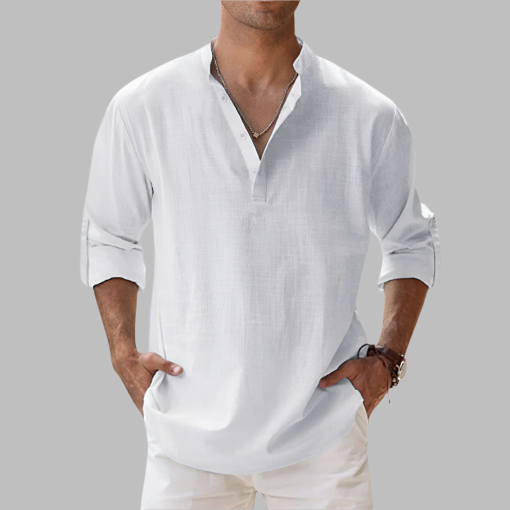 Men's Linen Oversized Shirt with Stand Collar