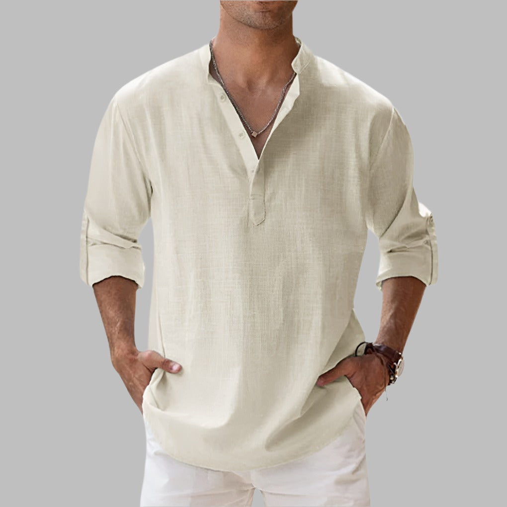 Men's Linen Oversized Shirt with Stand Collar