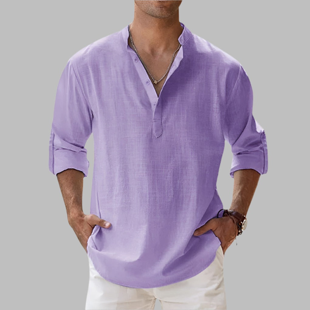 Men's Linen Oversized Shirt with Stand Collar