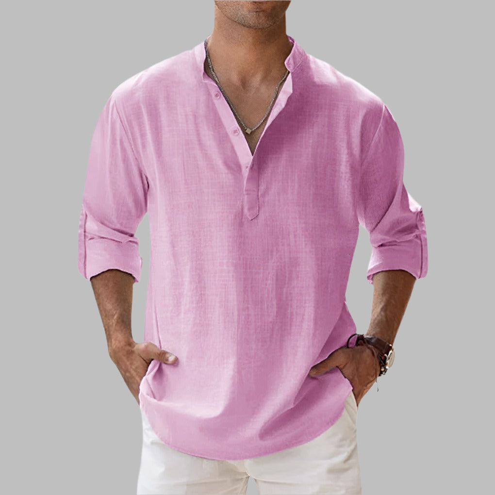 Men's Linen Oversized Shirt with Stand Collar
