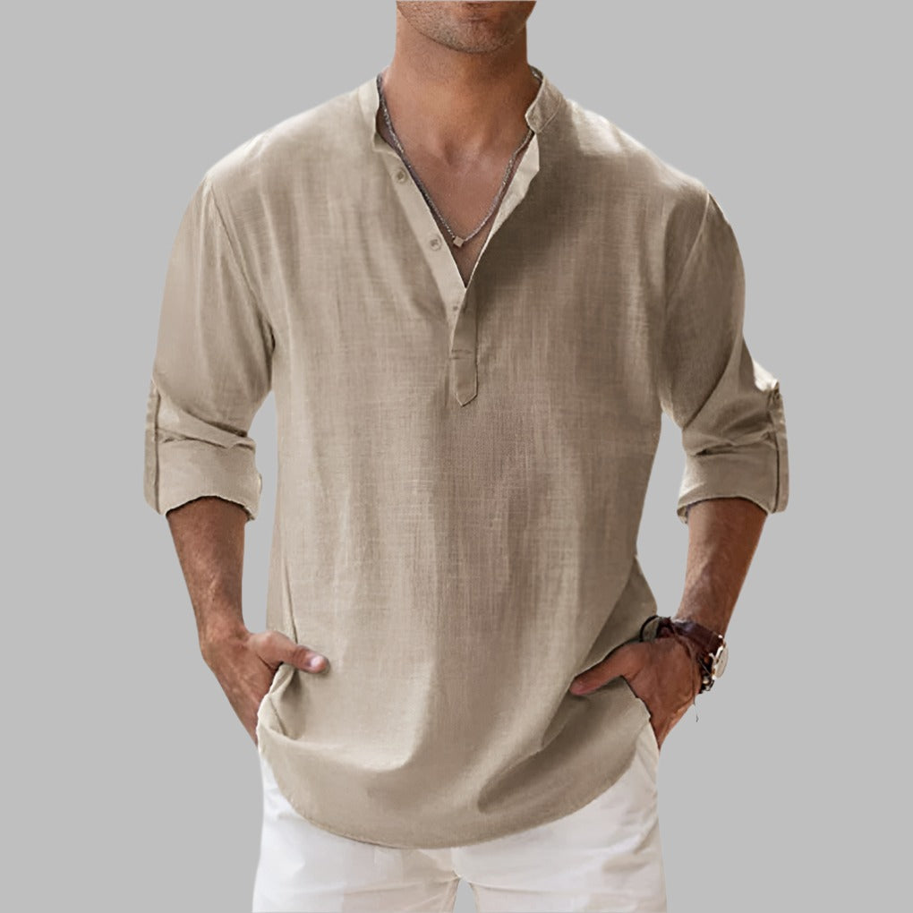 Men's Linen Oversized Shirt with Stand Collar