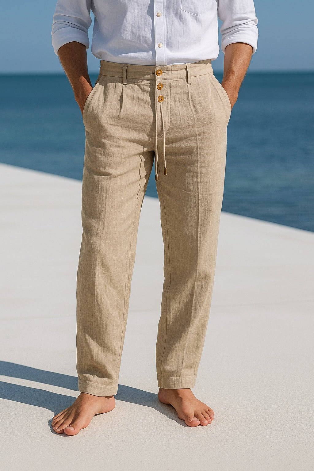 Men's Linen Straight Leg Trousers with Drawstring Waist