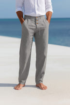 Men's Linen Straight Leg Trousers with Drawstring Waist