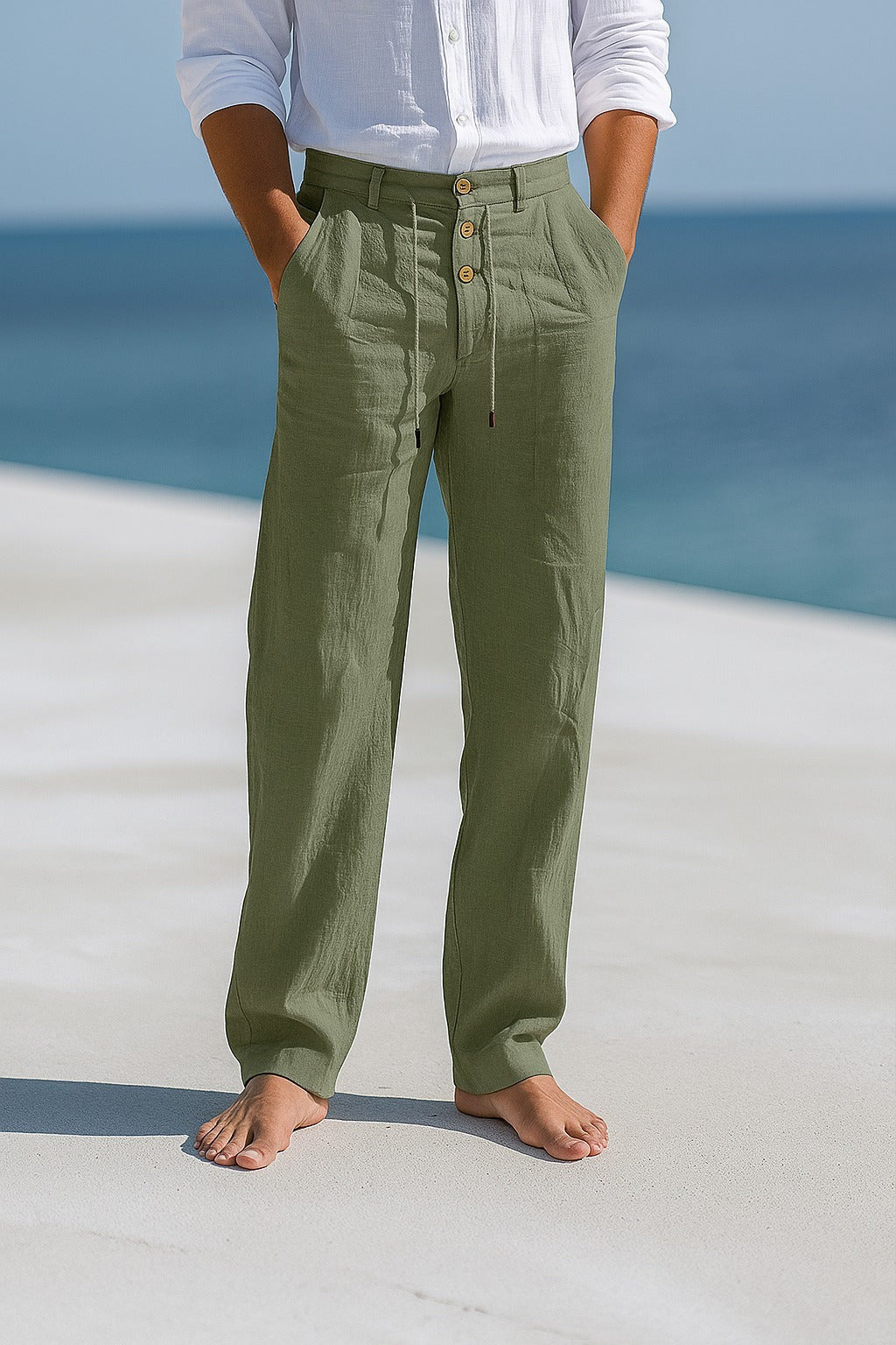 Men's Linen Straight Leg Trousers with Drawstring Waist
