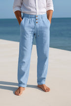 Men's Linen Straight Leg Trousers with Drawstring Waist