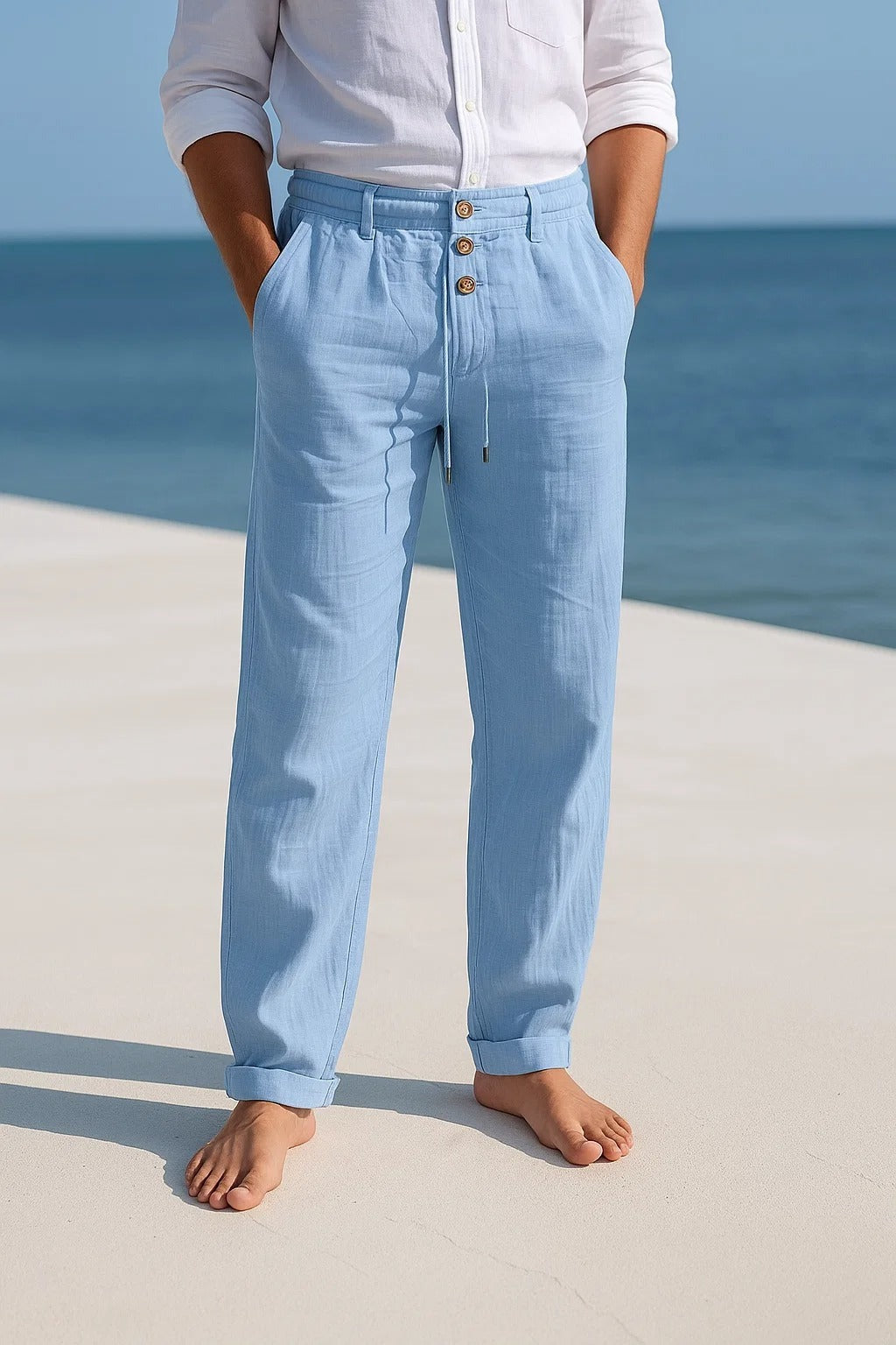 Men's Linen Straight Leg Trousers with Drawstring Waist