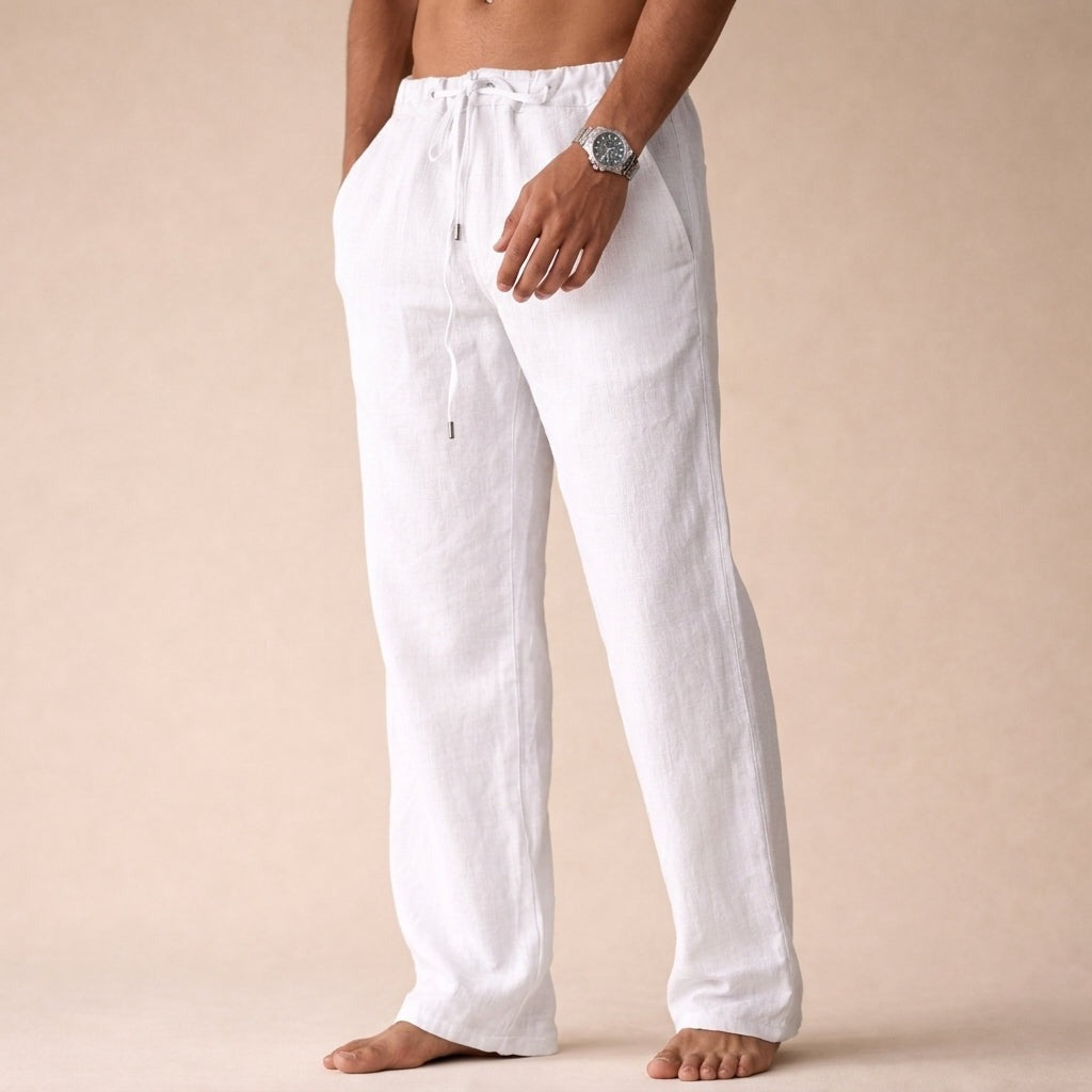 Men's Linen Wide Leg Trousers with Drawstring Waist