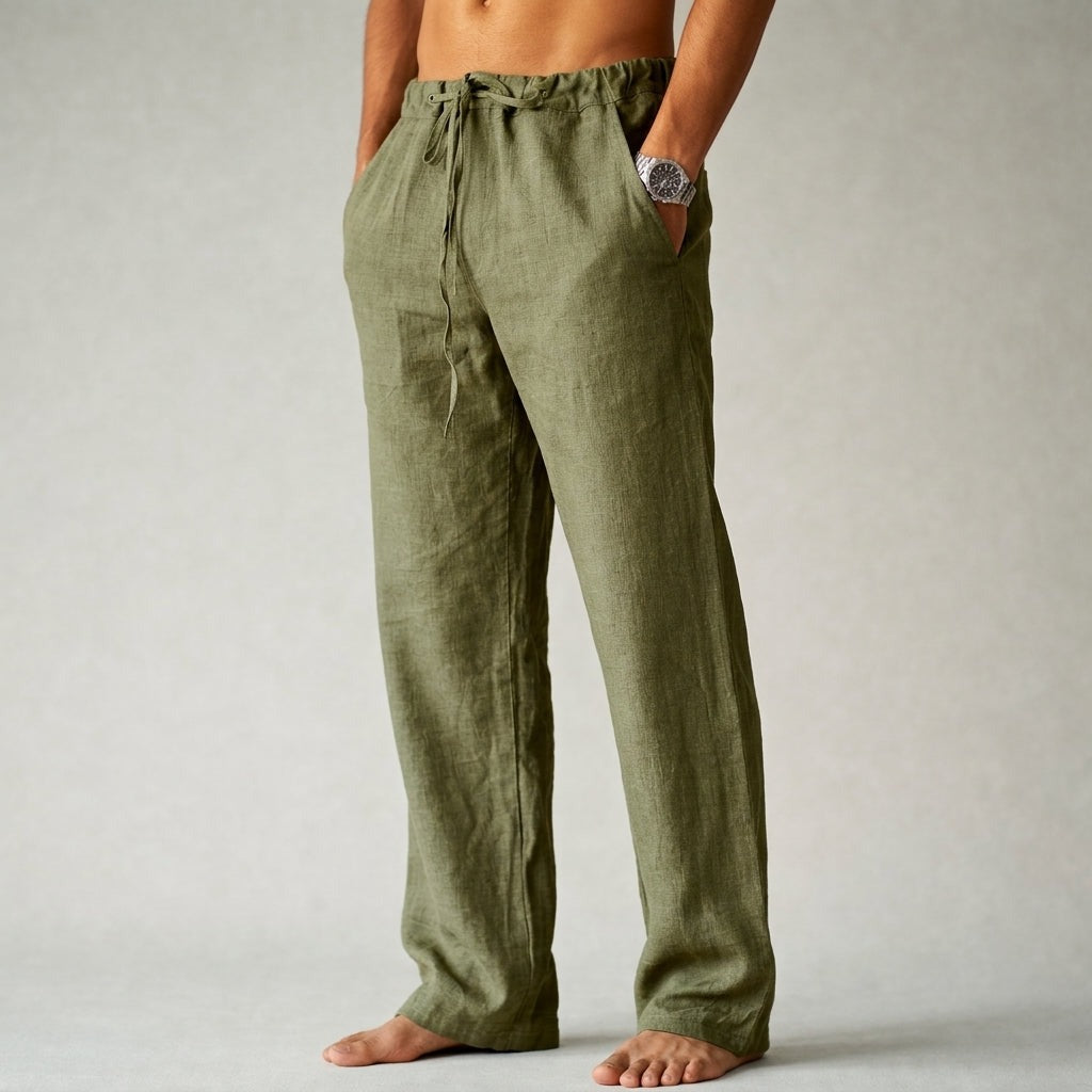 Men's Linen Wide Leg Trousers with Drawstring Waist