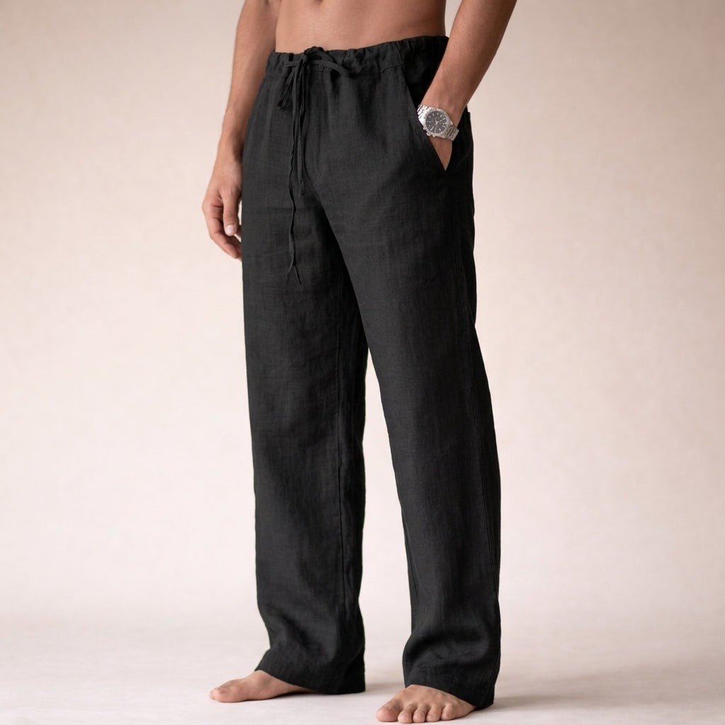 Men's Linen Wide Leg Trousers with Drawstring Waist