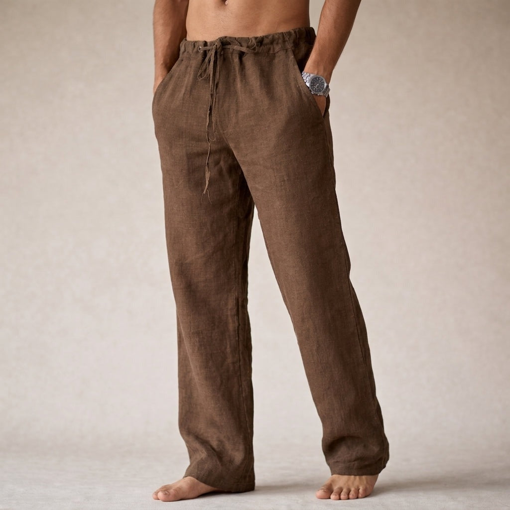 Men's Linen Wide Leg Trousers with Drawstring Waist