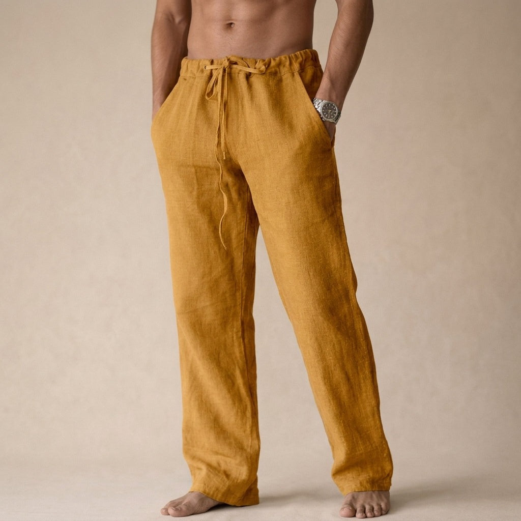 Men's Linen Wide Leg Trousers with Drawstring Waist