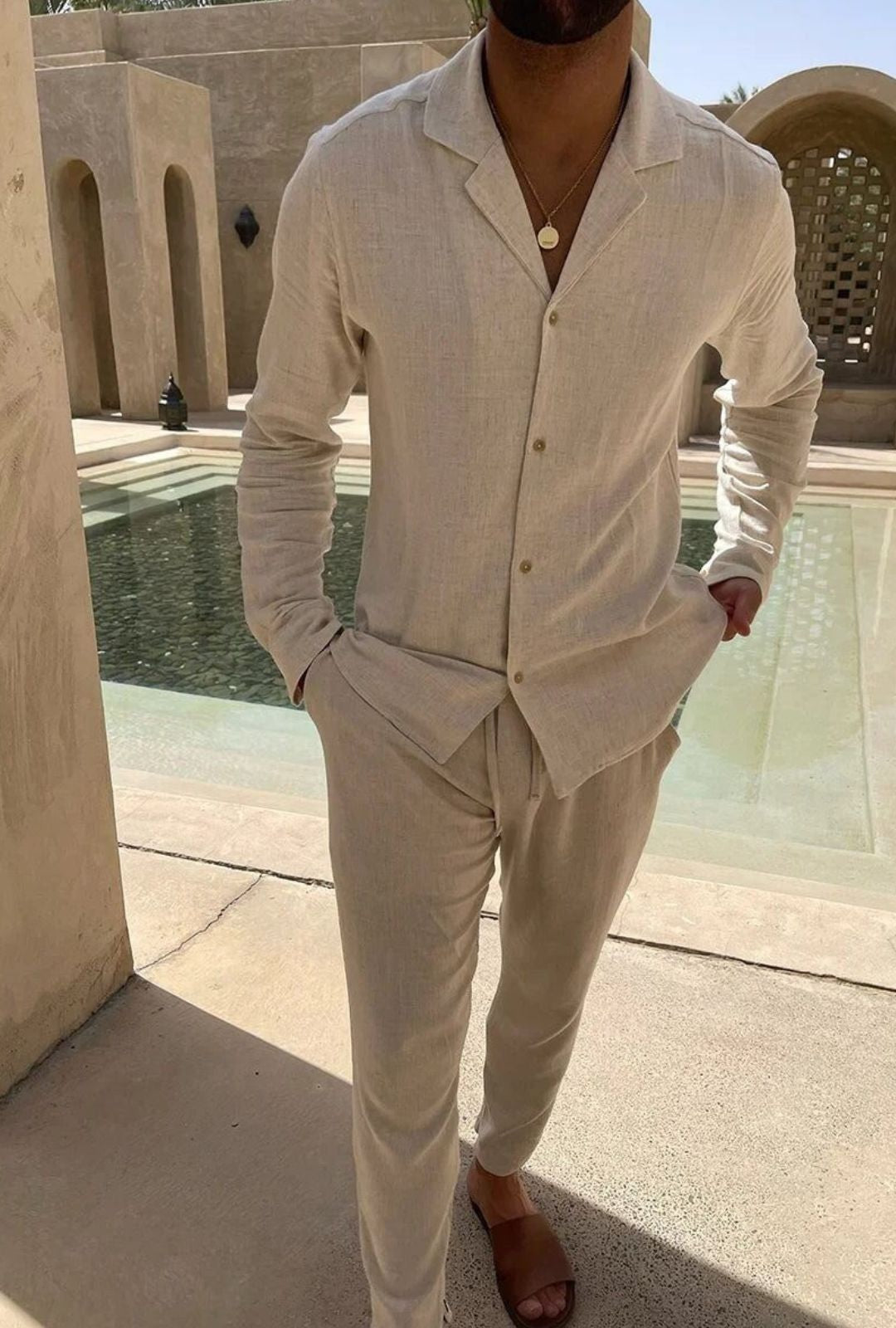 Mens Long Set with Open Collar Shirt and Straight Leg Trousers