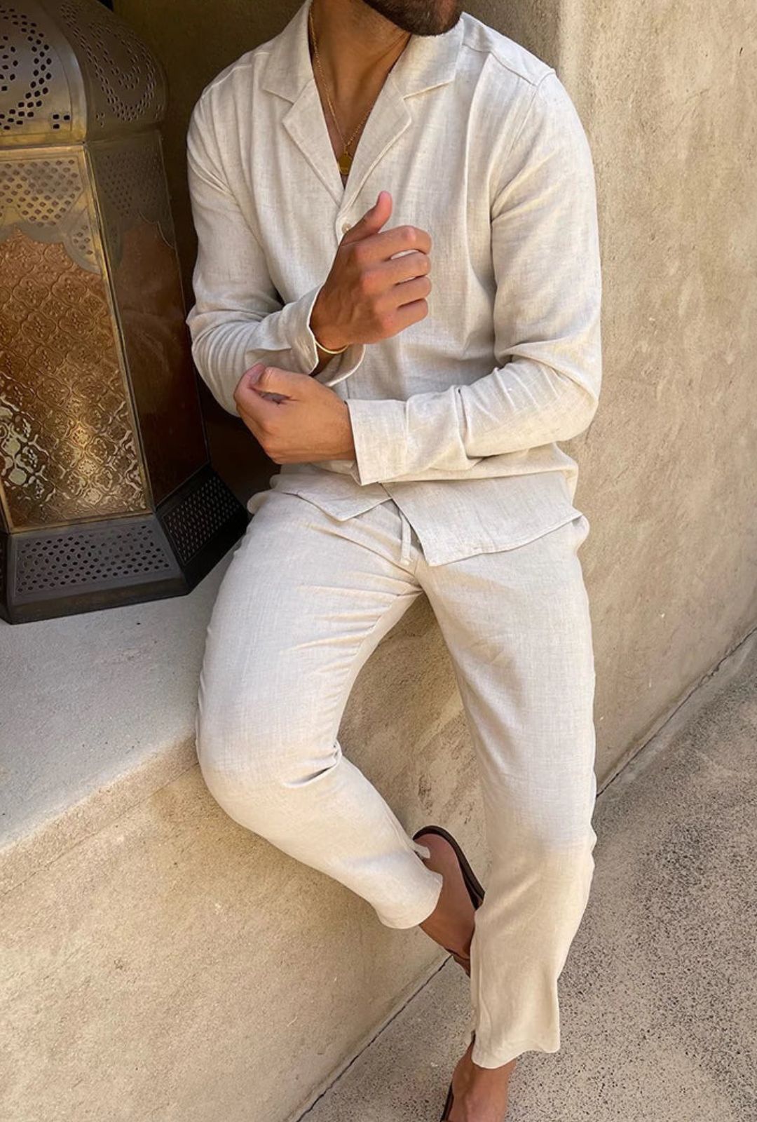 Mens Long Set with Open Collar Shirt and Straight Leg Trousers