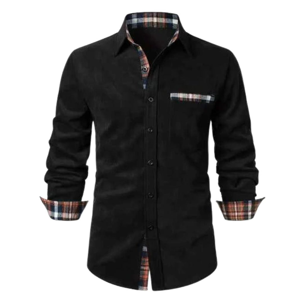 Men's Long Sleeve Button-Down Shirt with Plaid Contrast Trim and Chest Pocket