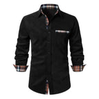 Men's Long Sleeve Button-Down Shirt with Plaid Contrast Trim and Chest Pocket
