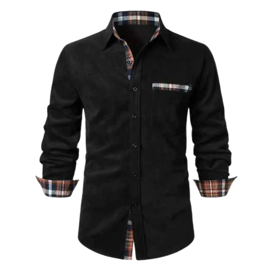 Men's Long Sleeve Button-Down Shirt with Plaid Contrast Trim and Chest Pocket