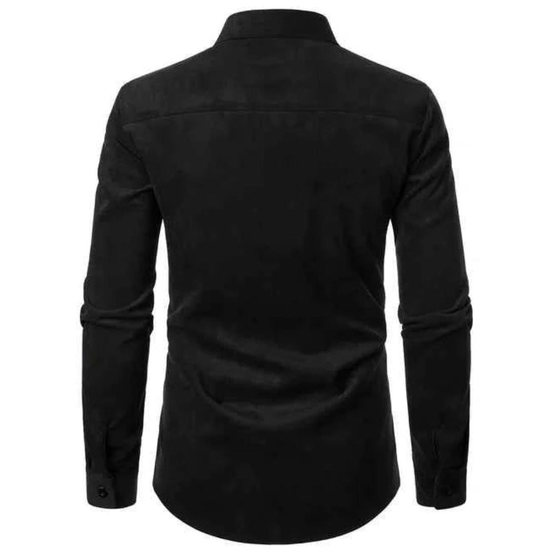 Men's Long Sleeve Button-Down Shirt with Plaid Contrast Trim and Chest Pocket