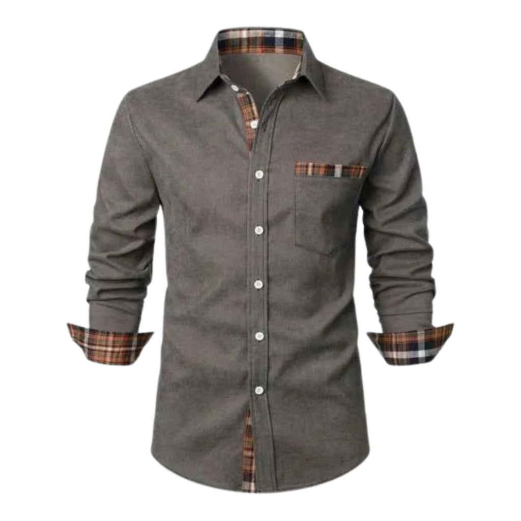 Men's Long Sleeve Button-Down Shirt with Plaid Contrast Trim and Chest Pocket