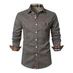Men's Long Sleeve Button-Down Shirt with Plaid Contrast Trim and Chest Pocket