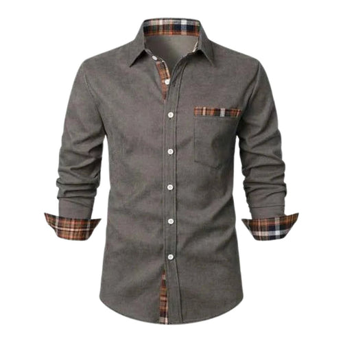 Men's Long Sleeve Button-Down Shirt with Plaid Contrast Trim and Chest Pocket