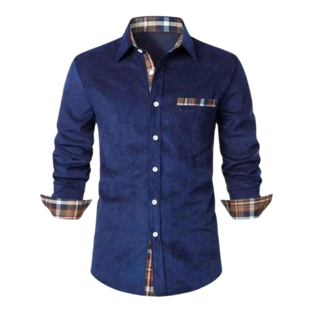 Men's Long Sleeve Button-Down Shirt with Plaid Contrast Trim and Chest Pocket