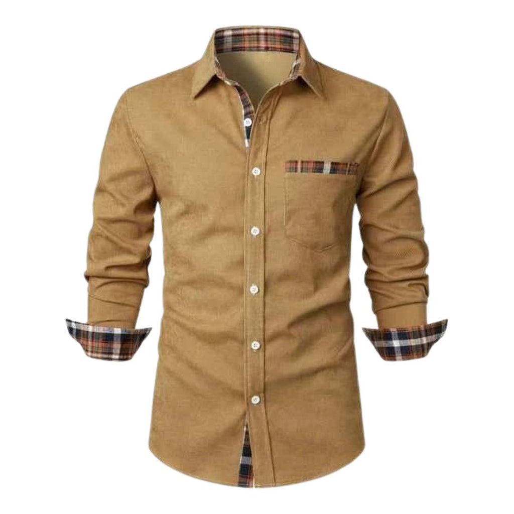 Men's Long Sleeve Button-Down Shirt with Plaid Contrast Trim and Chest Pocket