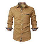 Men's Long Sleeve Button-Down Shirt with Plaid Contrast Trim and Chest Pocket