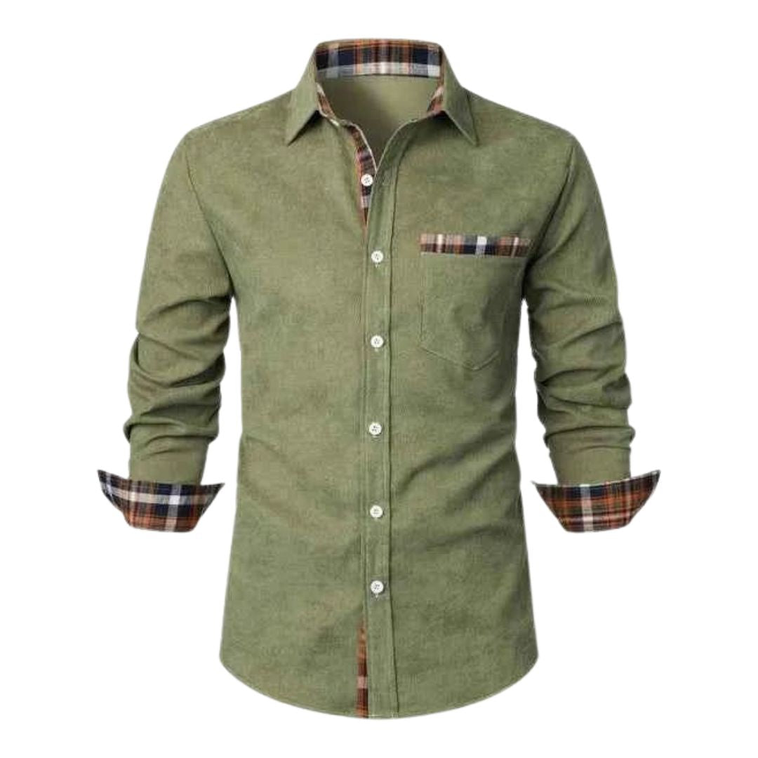 Men's Long Sleeve Button-Down Shirt with Plaid Contrast Trim and Chest Pocket