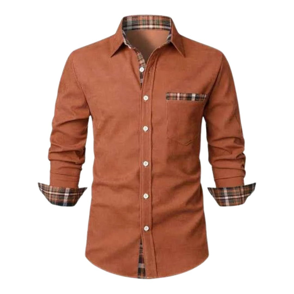 Men's Long Sleeve Button-Down Shirt with Plaid Contrast Trim and Chest Pocket