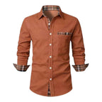 Men's Long Sleeve Button-Down Shirt with Plaid Contrast Trim and Chest Pocket