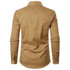 Men's Long Sleeve Button-Down Shirt with Plaid Contrast Trim and Chest Pocket