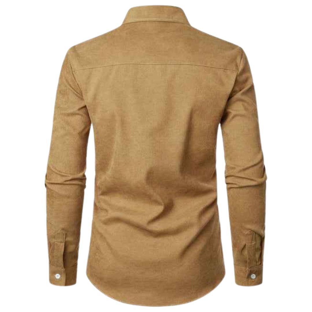Men's Long Sleeve Button-Down Shirt with Plaid Contrast Trim and Chest Pocket