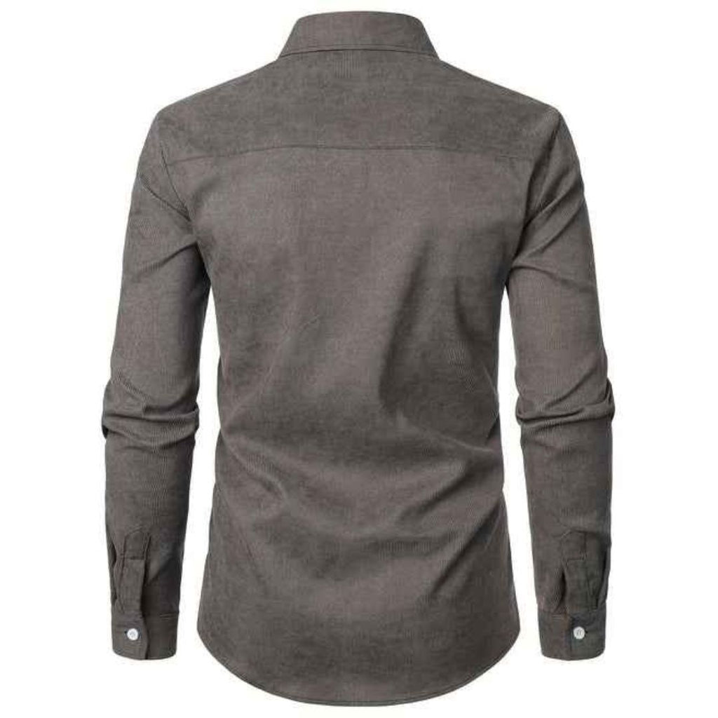 Men's Long Sleeve Button-Down Shirt with Plaid Contrast Trim and Chest Pocket
