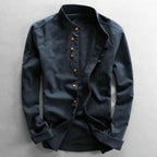 Men's Long Sleeve Button Front Shirt with Stand Collar and Shoulder Yoke