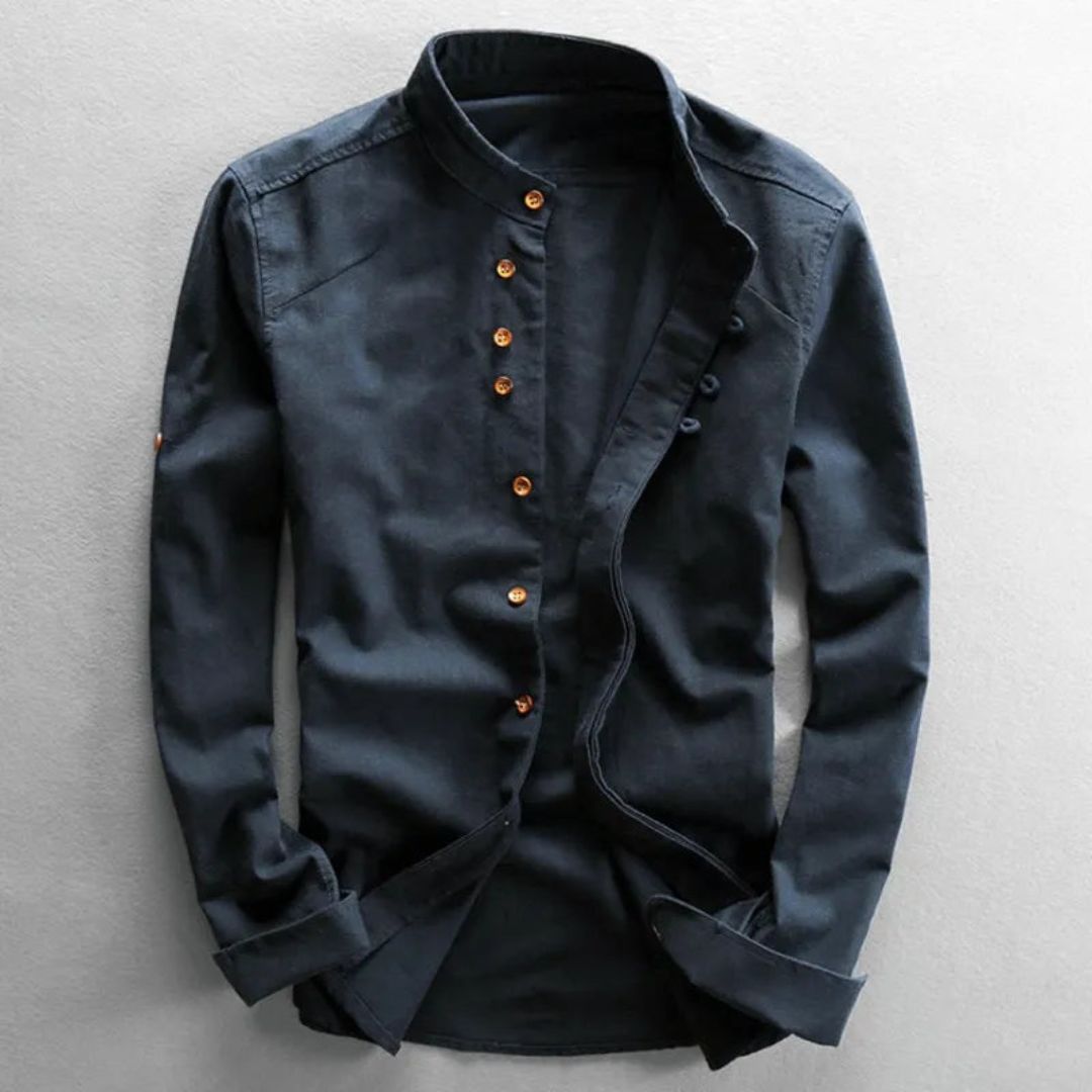 Men's Long Sleeve Button Front Shirt with Stand Collar and Shoulder Yoke